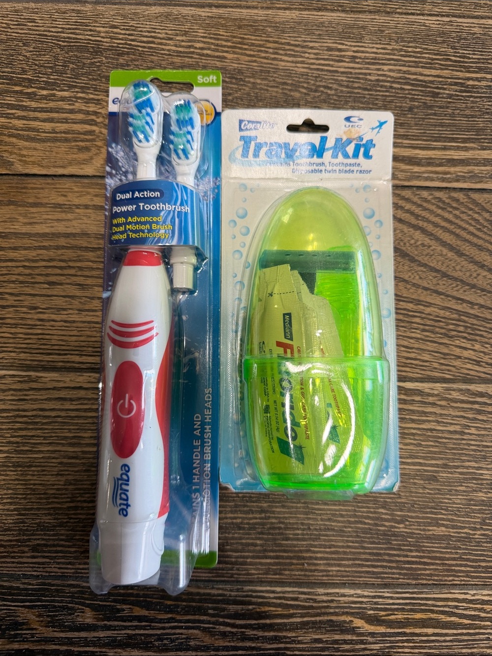 Dual action, power, toothbrush, and travel kit containing toothbrush & razor